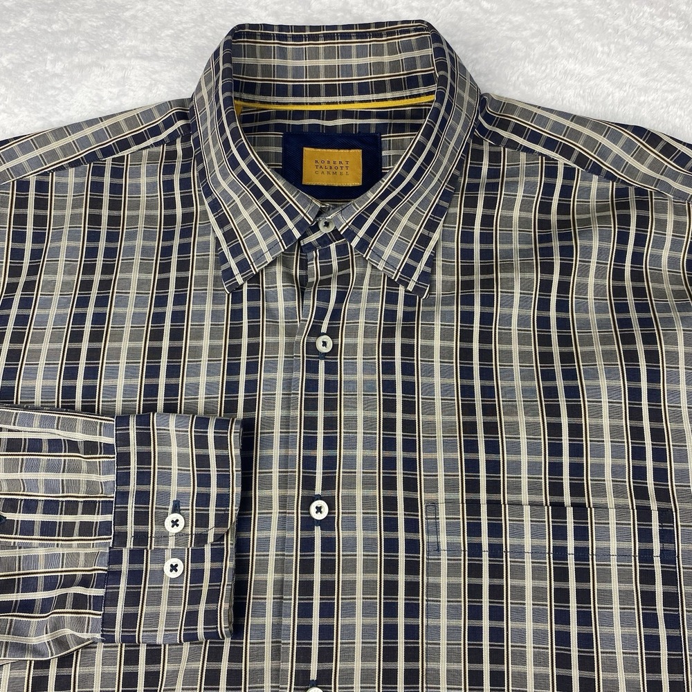 Robert Talbott Dress Shirt Mens XL Black/Gold Checks Regular Fit Long Sleeves